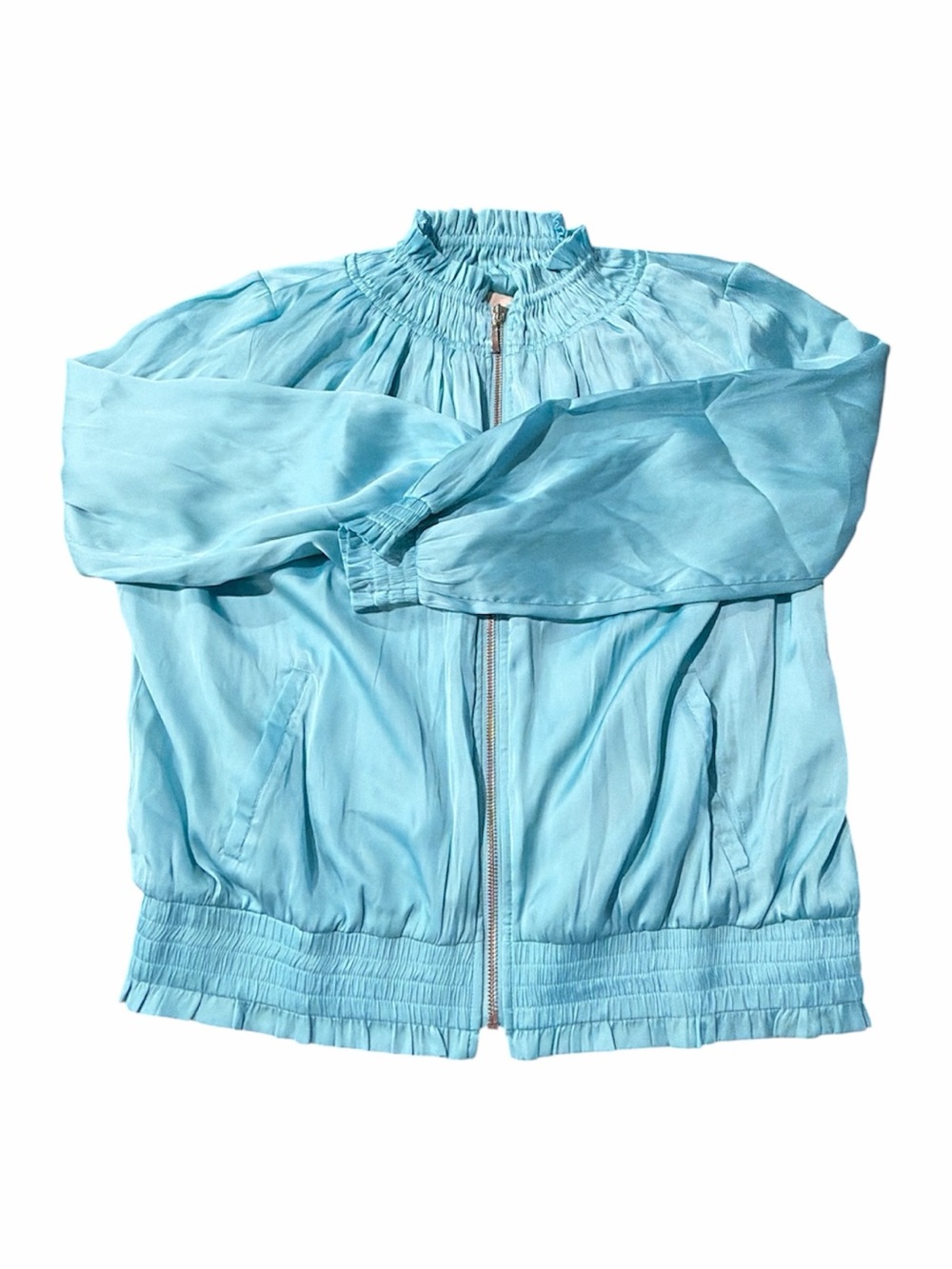 Chico’s Size 1 Aqua Blue Ruched Zip-Up Jacket Smocked Neck Cuffs Hem 100% Poly - Picture 1 of 4